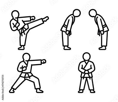Vector Karate techniques: kicking, bowing, punching, and ready stance line art