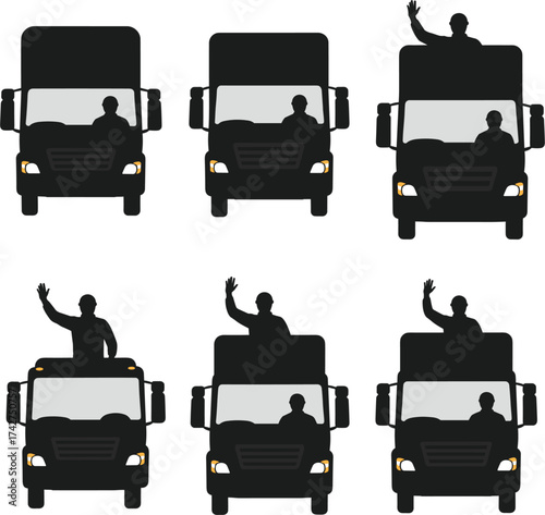 Truck silhouette illustration, people waving from sunroof, black vehicle icons, transportation concept, driver gesture, commercial truck design, vector graphic for logistics theme