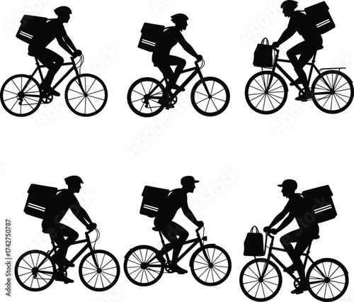 Bicycle delivery silhouette, helmeted riders with backpacks, urban courier concept, black vector icons, food transport service, cycling logistics illustration for commercial use