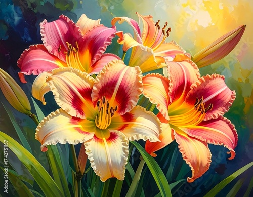 Watercolor painting of daylilies in full bloom