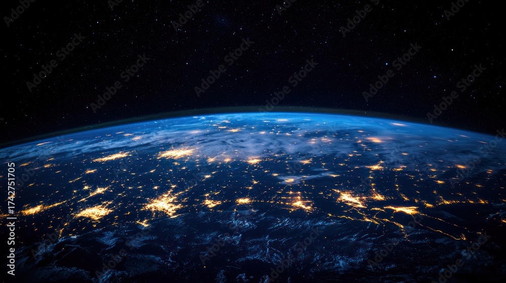 Obraz premium Earth seen from space, lit by city lights