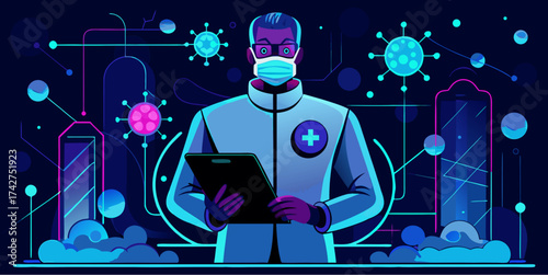 Doctor in medical mask holding clipboard with virus particles and futuristic tech background symbolizing healthcare and pandemic response