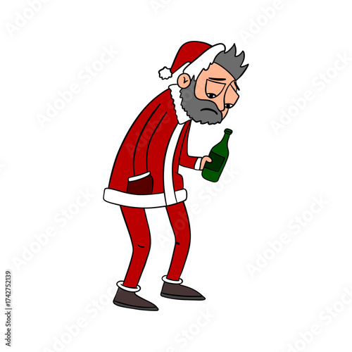 Sad bad tired and angry Santa Claus drinking after the busy holiday season