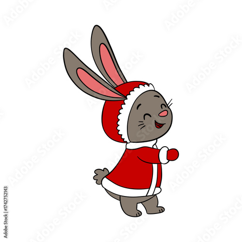 Cute Christmas rabbit in festive style with holiday decorations. Cheerful and cozy New Year character	