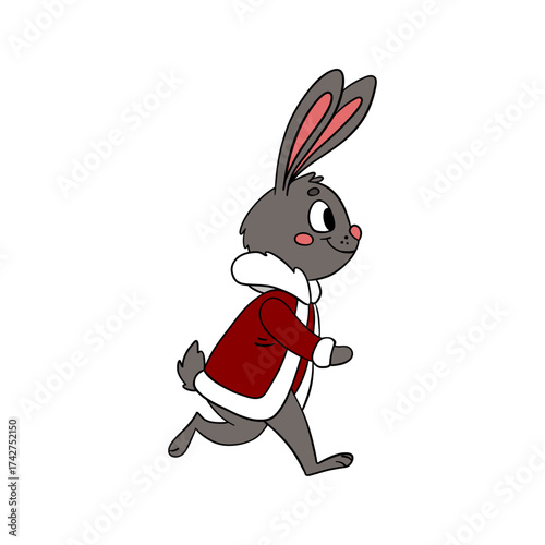 Cute Christmas rabbit in festive style with holiday decorations. Cheerful and cozy New Year character	