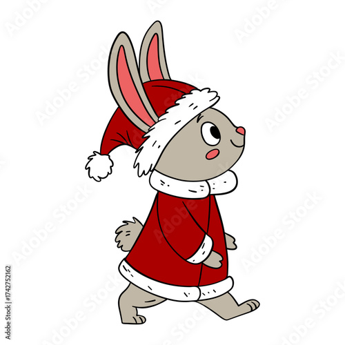 Cute Christmas rabbit in festive style with holiday decorations. Cheerful and cozy New Year character	