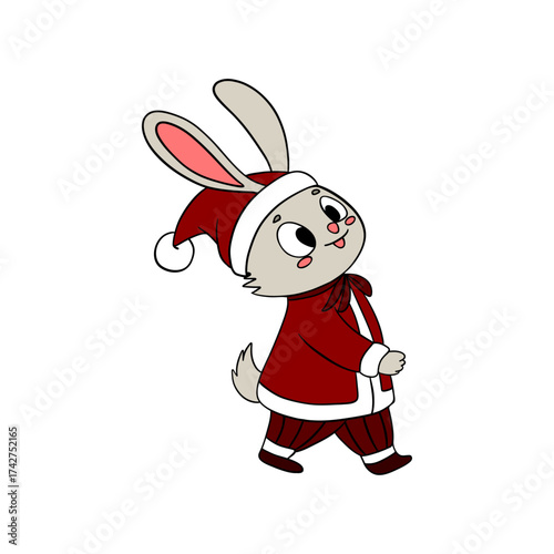 Cute Christmas rabbit in festive style with holiday decorations. Cheerful and cozy New Year character	