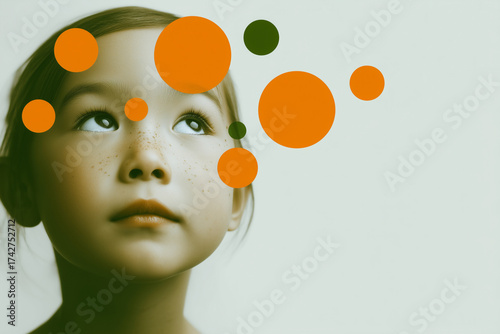 Child looking up with floating orange circles