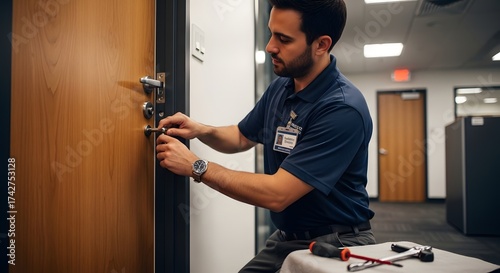Professional locksmith fixing office door lock for security and maintenance