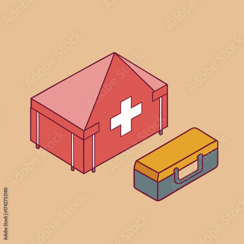 Isometric medical tent and first aid kit illustration