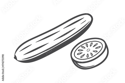 Whole and Sliced Cucumber Simple on White Background