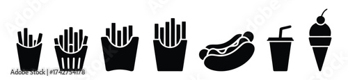 Black Silhouette Icons of Fast Food Classics Fries Hotdog Soda and Ice Cream