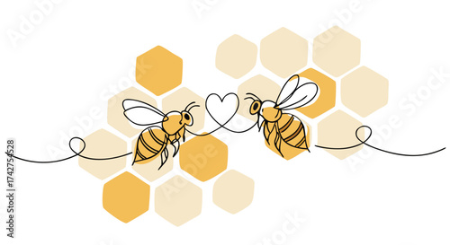 Charming bees create a heart with a delicate line, perfect for honey labels or romantic designs

