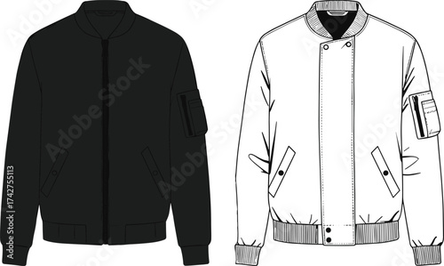 Bomber jacket CAD drawing, flat vector illustration, fashion design template, outerwear sketch, technical clothing flat, apparel mockup, trendy modern jacket style