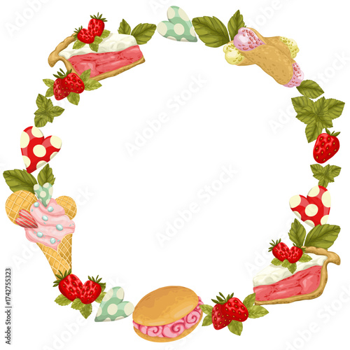 A decorative seamless vector border of hand-drawn Italian desserts. The design features ice cream, tiramisu, and pastries with berries and blossoms, making it perfect for menus, invitations