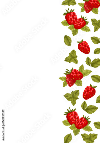 A decorative hand-drawn vector frame featuring fresh strawberries and mint leaves. This design, with its vibrant red and green elements arranged in a vertical border, is perfect for menus