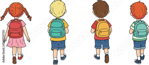 Cartoon kids walking to school with backpacks, back view illustration, group of children, colorful vector design for education and learning projects