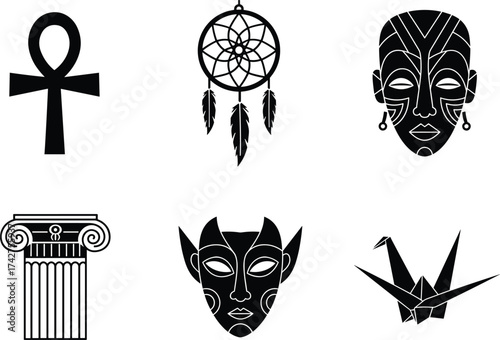 Cultural icons vector set, Egyptian ankh, dreamcatcher, African tribal mask, Greek Ionic column, origami crane, ethnic and symbolic clipart
