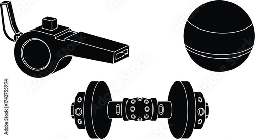 Fitness equipment vector illustration with dumbbell ball whistle