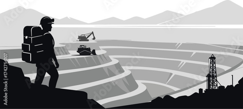 Mining industry illustration of worker at open pit mine site view