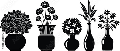 Black and white flower arrangements in vases vector illustration
