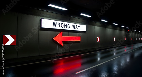 Navigational Confusion: A Striking Visual of a Wrong Way Road Sign Displayed in a Tunnel