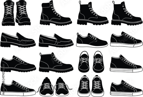 Different shoe silhouettes vector set, sneakers, boots, loafers, casual and formal footwear collection, black shoe icons, footwear design illustration clipart