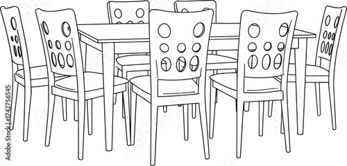 Dining table with chairs vector illustration, modern furniture line drawing, household interior design, home decor concept, family dining set, black white sketch