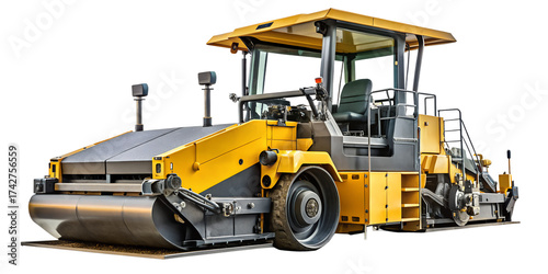 Yellow and gray asphalt roller isolated on transparent background is a heavy construction machine used for compacting asphalt on roads and other surfaces