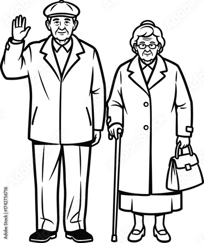 Elderly couple vector illustration, old man waving, senior woman holding cane, grandparents in coats, family generation drawing, retirement life, aging population concept art