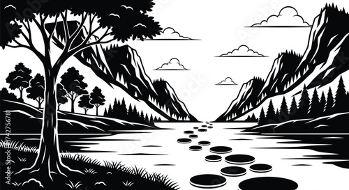 Black and white landscape drawing with mountains and stepping stones