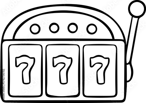 Sketch style classic 777 slot machine in simple black and white line art. Casino game icon drawn as a doodle, minimalist illustration for gambling, luck, and jackpot concepts