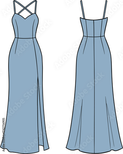 Elegant long evening dress CAD flat fashion illustration, blue maxi gown with straps, women clothing design vector sketch, stylish apparel template