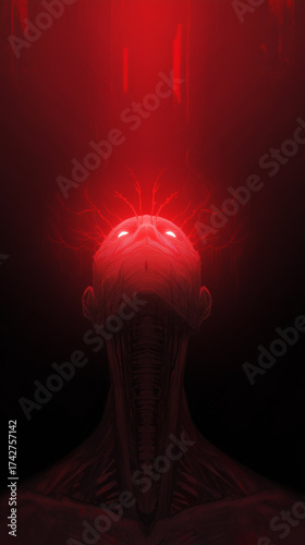 A figure stands against a dark background, with glowing red eyes and a hint of light emanating from its head. The scene evokes an intense, unsettling feeling, suggesting mystery and intrigue