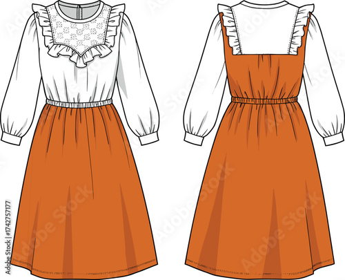 Fashion CAD dress drawing, flat vector illustration, women’s long sleeve dress template, ruffle design sketch, vintage style clothing flat, apparel fashion flat