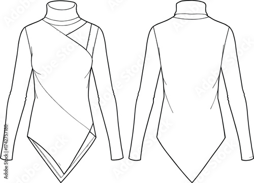 Fashion bodysuit flat sketch, technical CAD drawing, women’s apparel design, long sleeve turtleneck, vector fashion template, garment illustration, clothing pattern