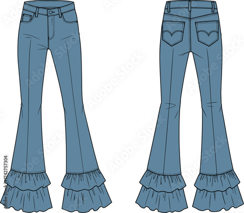 Fashion technical flat sketch, denim flared jeans with layered ruffle hem design, stylish women’s pants with back pocket detail, cad drawing vector illustration