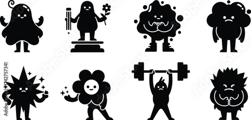 Vector illustration of cute cartoon characters black and white art