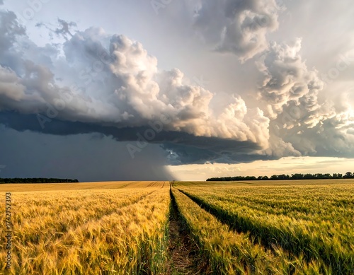 Golden wheat field with a dramatic, stormy sky overhead