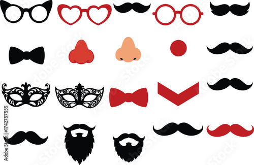 Funny disguise props vector set, clown nose and glasses, mustache and beard clipart, masquerade party masks, printable photo booth decorations