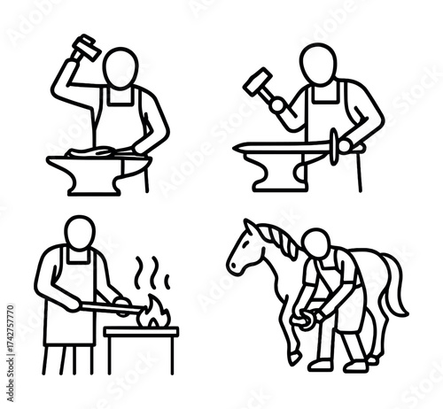 Vector Line art illustrations of blacksmith and farrier working with anvils and horses