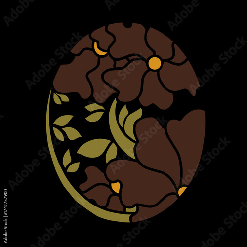 Oval floral illustration in dark earthy tones featuring stylized brown flowers with golden centers and olive-green leaves, set against a black background for a bold retro look