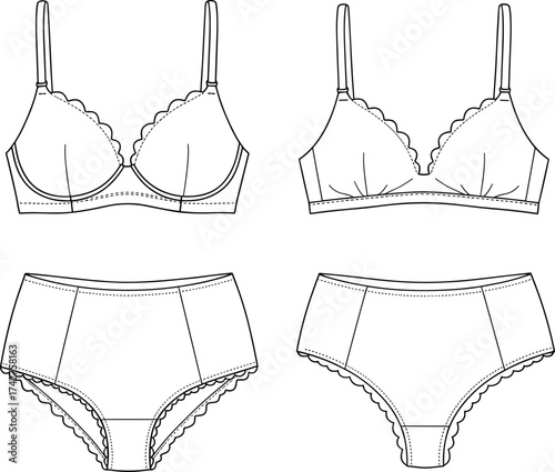 Lingerie CAD drawing, flat vector illustration, bra and panty template, underwear fashion sketch, women’s intimate apparel design, technical clothing flat vector