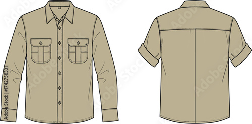 Men’s utility shirt flat sketch, long sleeve front, short sleeve back variation, fashion CAD template, vector apparel design, casual menswear clothing