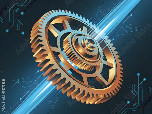 Three dimensional golden mechanical cogwheels intersecting with digital circuit board lines and bright blue data flow