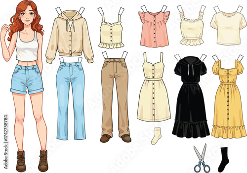 Paper doll fashion set, girl character with clothes, casual outfit illustration, dress up game, vector art, clothing design, cut out style