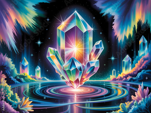 Vibrant fantasy landscape featuring glowing rainbow crystals reflecting in cosmic water with neon flora and aurora borealis effects