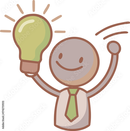 Joyful cartoon person holding a glowing lightbulb symbolizing a brilliant new idea or inspiration