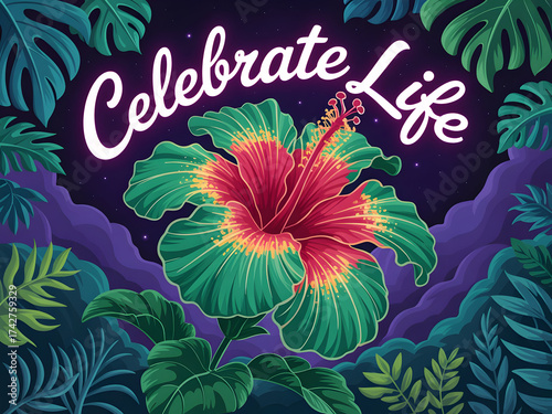 Vibrant tropical illustration of a massive red and green hibiscus flower and neon 