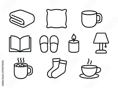 Vector Cozy home essentials icons: blanket, pillow, mug, book, slippers, candle, lamp, socks, hot beverage